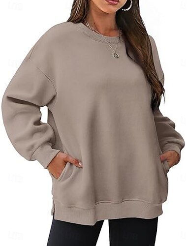  Sweatshirt für Damen, lässig, schlicht, für den Alltag, Rundhalsausschnitt, Tasche, langärmelig, Schwarz, Rosa, Khaki, Herbst, Winter