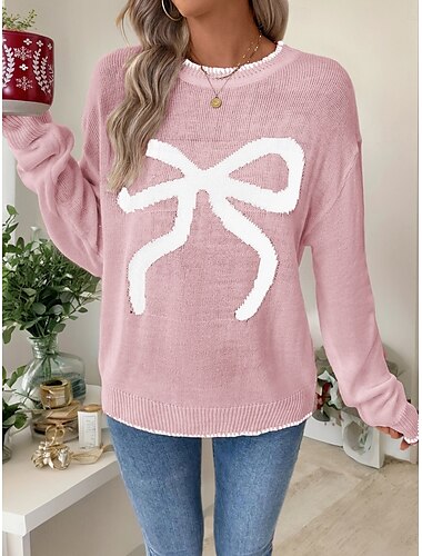  Damen Pullover Lässig Weich Grafik Gerippt Rundhalsausschnitt Gestrickt Langarm Normale Oberteile Stricken Outdoor Täglich Wochenende Weiß Rosa Herbst Winter