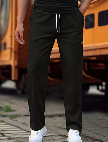  Men's Trousers Casual Pants Pocket Drawstring Elastic Waist Plain Comfort Soft Full Length Outdoor Casual Daily Fashion Streetwear Black Green