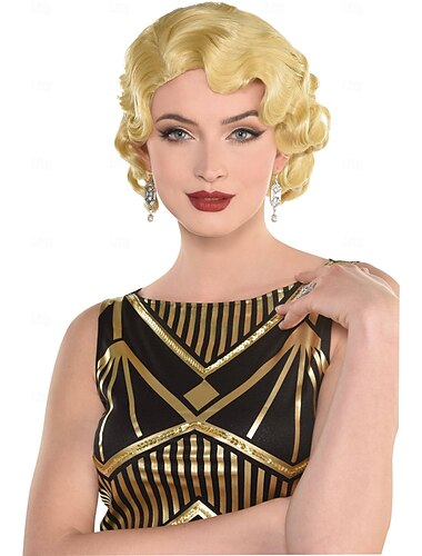  1920年代のフィンガーウェーブショートヘアウィッグ、ブロンド、ワンサイズ、ハロウィン用コスチュームアクセサリー