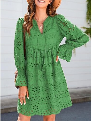  Damen Casual kleid Minikleid Baumwolle Bestickt Urlaub Strand Brautkleider schlicht V Ausschnitt Langarm Puffärmel Weiß Grün Farbe