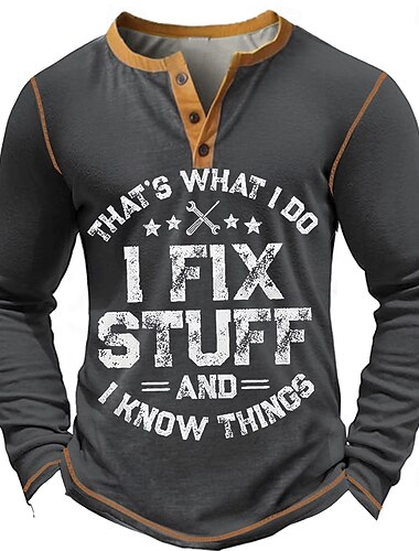  Herren Graphic Buchstabe I FIX STUFF Henley Shirt Tee Langarm Vintage Modisch Designer Outdoor Casual Täglich Frühling & Herbst Armee-Grün Dunkelgrau Marineblau Dunkelblau Henley Henley T-Shirt