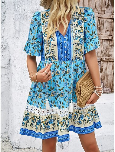  Femme Mini robe Robe casual robe boheme Bohême Décontractées Vacances du quotidien Standard Floral Demi Manches Col V Bleu Printemps Automne