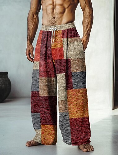  Herren Farbblock Patchwork Hosen Hose Mittlere Taille Kordelzug Elastischer Bund Hawaiianisch Lässig Outdoor Urlaub Ferien Gerade Hosen Sommer Frühling Herbst 3D-Druck Gelb Rote Blau