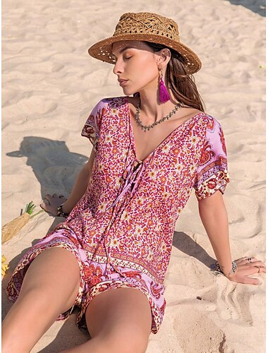  Damen Normal Kurz Jumpsuit Elegant Blumen Kurzarm T-Shirt Ärmel Baggy Shorts Kurze Hosen V Ausschnitt Bedruckt Täglich Festtage Regular Fit Rosa Purpur Grün Sommer