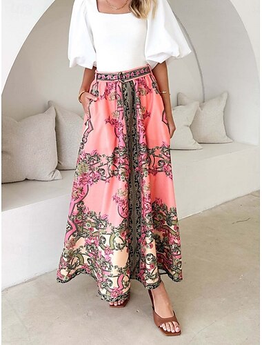  Damen Rock A-Linie Böhmen Brautkleider schlicht Maxi Hoher Taillenbund Röcke Blumen Bedruckt Mikro-elastisch Strasse Täglich Rosa Sommer Polyester