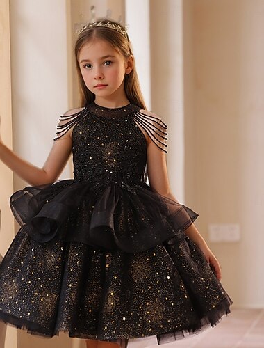  Vestido de niña de las flores hasta la rodilla de princesa&amp;Lindo vestido de fiesta para niñas de alto rendimiento con lentejuelas y plisado en capas de color sólido, ajuste de 3 a 16 años