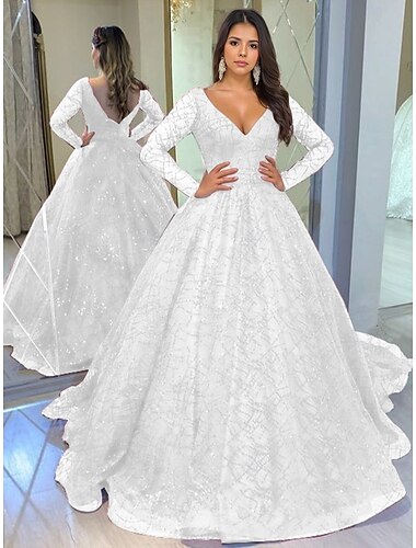  A-Linien-Ballkleid, Vintage-Kleid, formelle Maskerade, bodenlang, lange Ärmel, V-Ausschnitt, Tüll mit Glitzer 2025