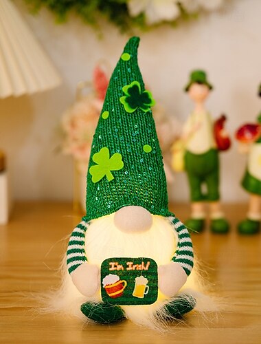  cappello di paillettes di san patrizio con bambola di rudolf leggera - gnomo di trifoglio di san patrizio per la decorazione di un'atmosfera festosa da tavolo da pranzo di un ristorante interno 1 pz