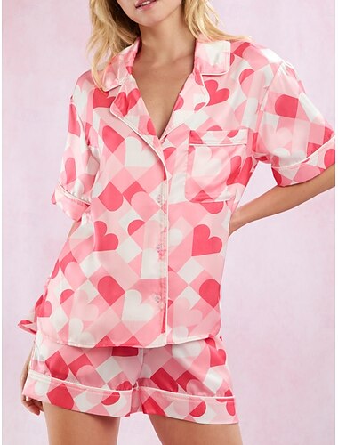  Damen Schlafanzug Set Brautkleider schlicht Komfort Herz Knopf hoch Tasche Elastische Taille Hemd Kurze Hosen Heim Valentinstag Täglich Kurzarm Hemdkragen Rosa Fuchsie Sommer Frühling Herbst Regular