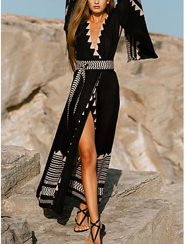  Vestidos de playa para mujeres cubiertas de baño trajes de baño ropa de playa de vacaciones geométrico cuello en V manga larga
