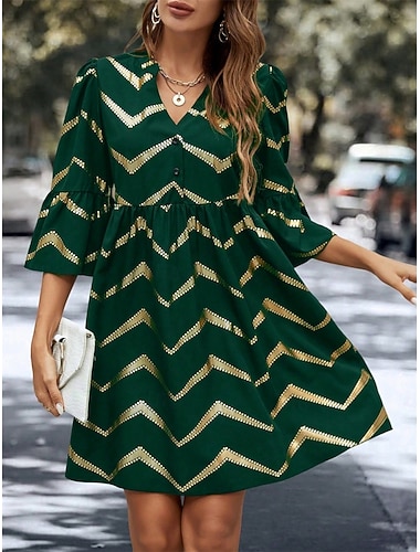  mini abito da donna con scollo a V geometrico e maniche a 3/4 estate primavera