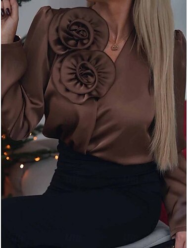  Mulheres Camisa Social Blusa Côr Sólida Negócio Moderno Casual Manga Longa Decote V Tops regulares Trabalho Traje formal Branco Vinho Marron Verão Primavera