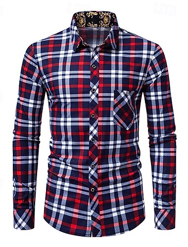  Per uomo Camicia Camicia estiva Maglietta informale Camicia con bottoni Camicie a quadri Rosso Blu Manica lunga A quadri Bavero Da mare Per eventi Tasca frontale Abbigliamento Poliestere Di tendenza