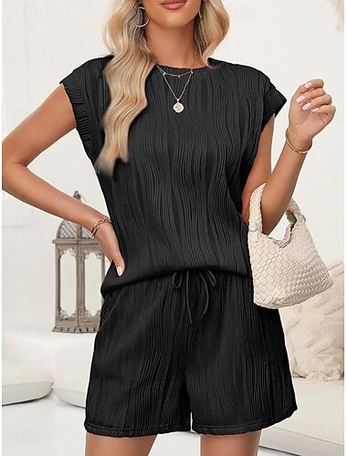  Damen Schlafanzug Set Brautkleider schlicht Komfort Einfarbig Tasche Elastische Taille T Shirt Kurze Hosen Heim Täglich Kurzarm Rundhalsausschnitt Schwarz Weiß Rosa Sommer Frühling Herbst Regular Fit