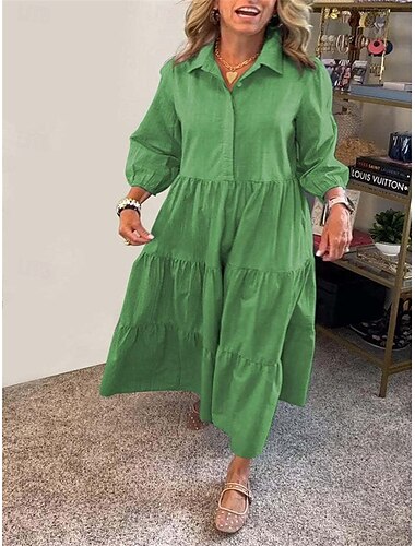  Damen Langes Kleid Maxikleid Baumwoll-Leinen-Kleider Hemdblusenkleid Freizeitkleid Stilvoll Basic Lässig Urlaub Täglich Lässiger Schnitt Einfach Langarm Hemdkragen Weiß Grün Dunkelgray Leicht Blau