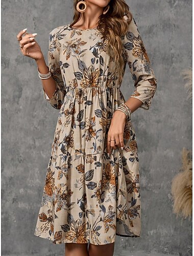  Mujer Mini vestido Vestidos de lino y algodón Vestido informal Básico Casual Vacaciones Diario Ajuste regular Floral Manga 3/4 Cuello Barco Caqui Verano Primavera