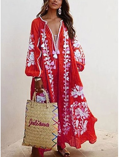  Femme Robe Maxi Robe casual Robe Trapèze robe boheme mode Décontractées Vacances du quotidien Rendez-vous Ample Graphic manche longue Col V Rouge Bleu clair Printemps Automne