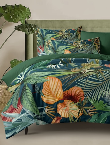  Juego de funda nórdica estilo planta tropical, 100 % algodón, ropa de cama suave y transpirable con estampados de exuberante follaje tropical, funda de edredón liviana y duradera, cómoda para todas las estaciones, fácil de cuidar