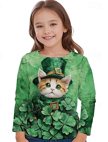  Sint Patrick Voor meisjes 3D Grafisch dier Kat T-shirt Lange mouw Lente Herfst Modieus Basic Kinderen 4-12 jaar Strakke ronde hals Buiten Casual Dagelijks Normale pasvorm