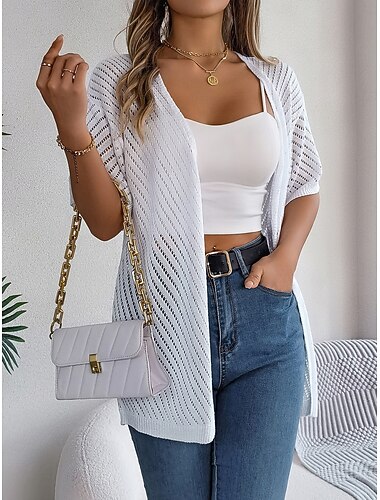  Damen Strickjacke Pullover mit Zopfmuster Strassenmode Täglich Stilvoll Einfarbig Gedrehtes Gehäkelt Öffnung vorne Gitter Strick Drop-Schulter Kurze Ärmel Lange Oberteile Stricken Heim Party Täglich