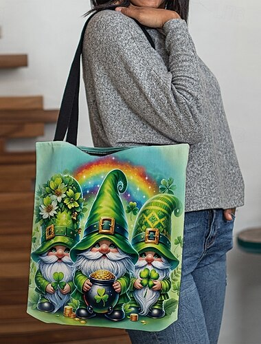  Große Tragetasche mit Motiven von St. Patrick's Day und Gnomen, Katzen und Kühen, langlebige, wiederverwendbare Einkaufs- und Geschenktasche für Damen, perfekt für Feiertage und den täglichen Gebrauch.