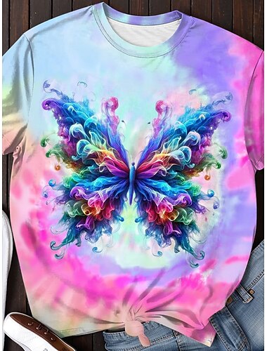  Mujer Camiseta Mariposa Tie-dye Casual Manga Corta Escote Redondo Tops regulares Diario Estampado Morado Verano
