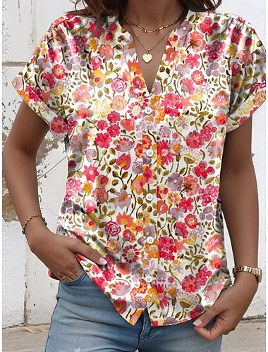  Damen Shirt Floral Grafik Elegant Modern Lässig Kurzarm Eingeschnittener Ausschnitt Reguläre Tops Arbeit Täglich Knöpfe Druck Pink Sommer Frühling
