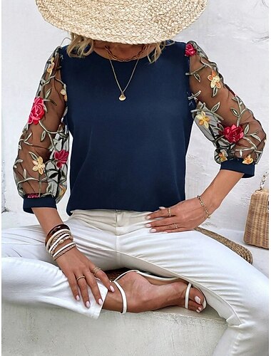  Women's Shirt Blouse Floral Stylish Casual 3/4 Length Sleeve Crew Neck Regular Tops Daily Mesh Embroidered Print Black Navy Blue Summer Spring