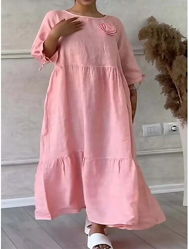  Pentru femei Rochie Maxi Rochii inspirate din in Rochie din in bumbac Rochie A line Elegant Stilat De Bază Vacanță Zilnic Potrivire Largă Simplu Lungime Manșon 3/4 Stil Nautic Negru Alb Roz Îmbujorat