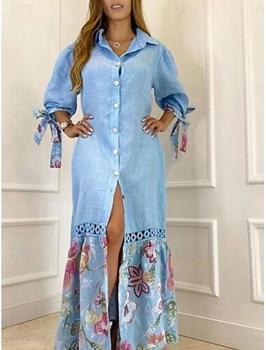  Mujer Vestido maxi Vestidos de lino y algodón Vestido de Camisa Vestido informal Casual Vacaciones Diario Ajuste regular Floral Manga 3/4 Cuello Camisero Blanco Rosa Azul cielo Morado Verano