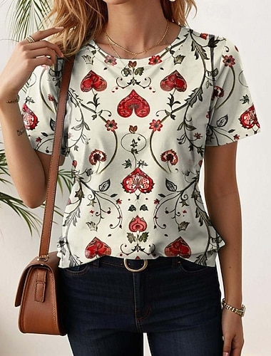  Damen T Shirt Druck Blumen Lässig Kurzarm Rundhals Normale Oberteile Täglich cremefarben Sommer