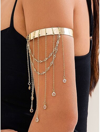  Brazalete de cadena de oro para mujer: elegante joya ajustable para la parte superior del brazo con borlas de diamantes de imitación y cadenas colgantes para fiestas y ocasiones especiales