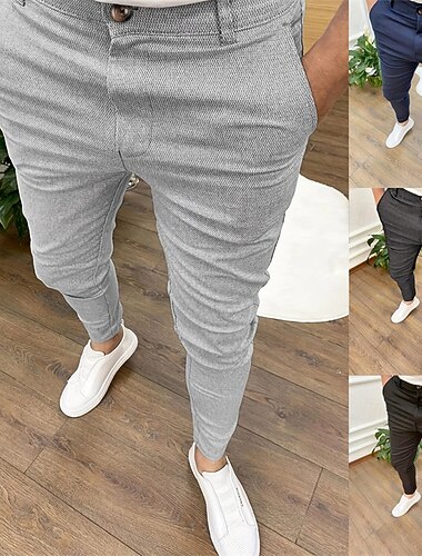 Homme Maigre Pantalon Chino Boutons Poche Plein Confort Formel Soirée Travail Mode Style classique Noir Bleu Micro-élastique