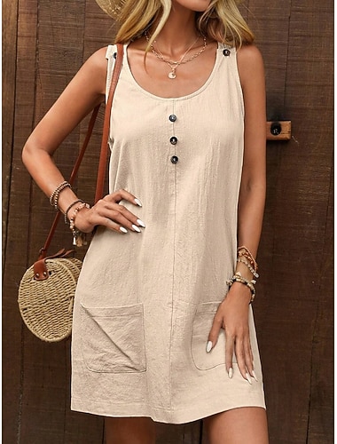  Damen Minikleid Kunstbaumwollleinen Shiftkleid Sommerkleid Freizeitkleid Basic Lässig Täglich Urlaub Normale Passform Einfach Ärmellos U-Ausschnitt Armeegrün Beige Sommer Frühling