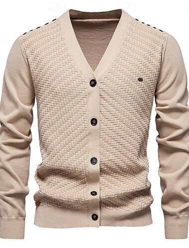  Herr Cardigan Tröja Kofta Ribbad Sticka Vanliga toppar Knappen uppåt Button-Down Ensfärgat V-hals Stickat Mode Arbete Casual Kläder Vår & Höst Marinblå Beige S M L