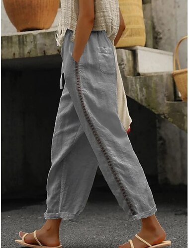  Mulheres Calças Esportivas chinês Moda Roupa de rua Mimolet Cintura Alta Tecido Renda Bolsos Cintura elástica Confortável Macio Micro-Elástica Ao ar livre Rua Preto Branco cáqui Cinzento Verão Normal