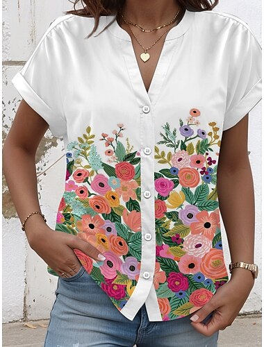  Camisa de mujer Floral Gráfico Moderno Casual Manga corta Cuello en V Cuello muesca Tops regulares Trabajo Diaria Impresión Botones Blanca Verano Primavera
