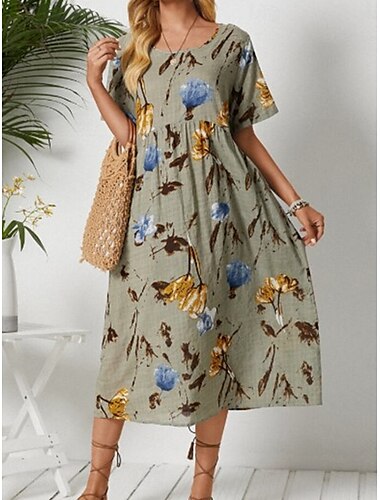  Damen Langes Kleid Maxikleid Baumwoll-Leinen-Kleider Freizeitkleid Stilvoll Lässig Urlaub Täglich Normale Passform Blumen Kurzarm Rundhalsausschnitt Grün Sommer