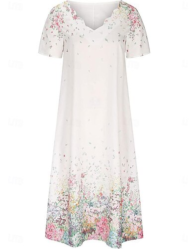  Damen kleid lang Casual kleid Elegant Stilvoll Brautkleider schlicht Urlaub Party Täglich Regular Fit Blumen Kurzarm V Ausschnitt Weiß Sommer Frühling