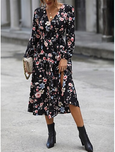  Femme Robe mi-longue Robe casual Robe Trapèze Elégant Le style mignon mode Vacances du quotidien Plage Ample Graphic manche longue Col V Noir Printemps Automne