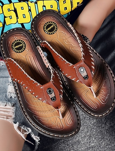  vintage bruna flip flops i konstläder för män - handgjorda sommarsandaler med öppen tå och halkfri sula för strand, resor och fritidskläder