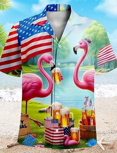  Homens Flamingo Bandeira americana Camisa havaiana Camiseta Aloha Manga Curta Havaiana Férias Verão colar cubano Abotoar Verde