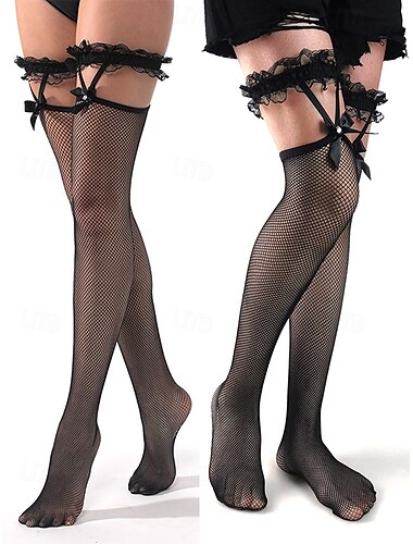  Medias de rejilla sexys para mujer con detalles de encaje y lazo: calcetines hasta el muslo de estilo gótico para cosplay, fiestas y conjuntos de lencería