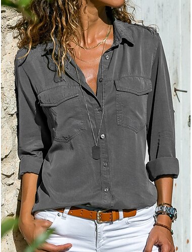  Damen Hemd Bluse Feste Farbe Stilvoll Brautkleider schlicht Langarm Hemdkragen Normale Oberteile Täglich Knopf Schwarz Rosa Grau Sommer Frühling Herbst