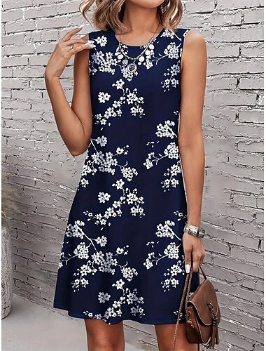 Damen Langes Kleid Maxikleid Freizeitkleid Elegant Stilvoll Lässig Urlaub Täglich Date Lässiger Schnitt Blumen Ärmellos Rundhalsausschnitt Schwarz Marineblau Dunkelblau Sommer Frühling Herbst