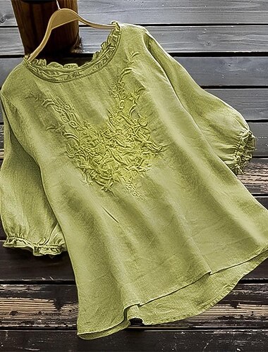  女性用 シャツ リネンシャツ ブラウス コットンリネンシャツ 純色 ファッション ラウンドネック ストリート 日常 刺繍 ホワイト イエロー ルビーレッド グリーン カーキ色 夏