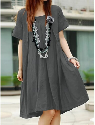  Dames Lange jurk maxi-jurk Jurken van katoen en linnen Casual jurk Basic Casual Vakantie Dagelijks Normale pasvorm Effen Korte mouw Strakke ronde hals Rood Donkergroen Khaki Grijs Zomer