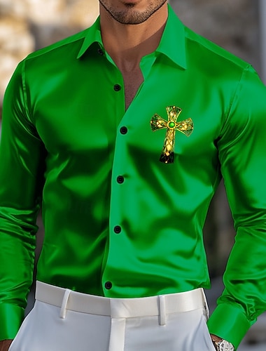  St. Patrick's Day Herren Kreuz Satin Hemd Dress Shirt Button Up Shirt Langarm Fashion Lässig Urlaub Sommer Frühling Umgeschlagen Kragenhemden 3D Druck Schwarz Weiß Grün