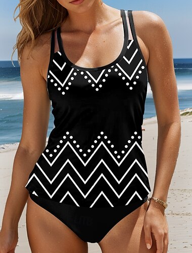  Maillots de bain pour femmes Tankini 2 pièces Maillot de bain culotte dos nu Contrôle du ventre Taille haute Slim Vacances Vêtements de plage Imprimé graphique géométrique en U sans manches